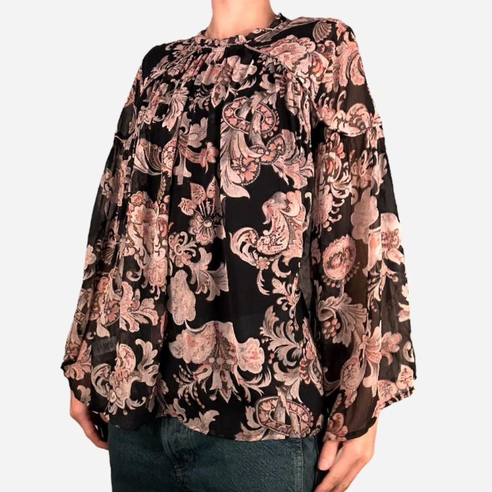 Loft pink black boho sheer floral blouse high neckline flowy sleeves size small